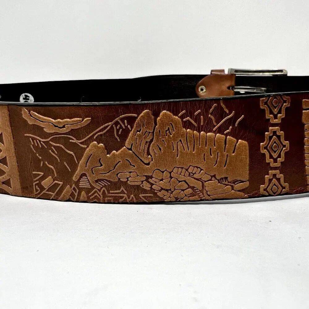 Vintage Grunts Peru Leather Belt Cuzco Tooled Carved Llama Western 40/100